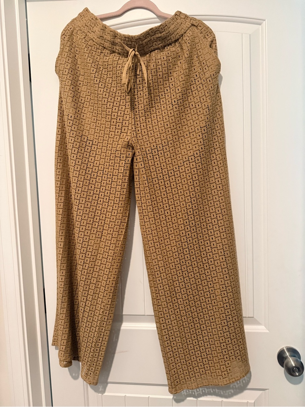 Express Wide-Leg Crochet Pants in Tan